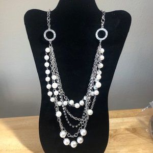 Multi Strand Pearls, Chain and Rhinestone Necklace